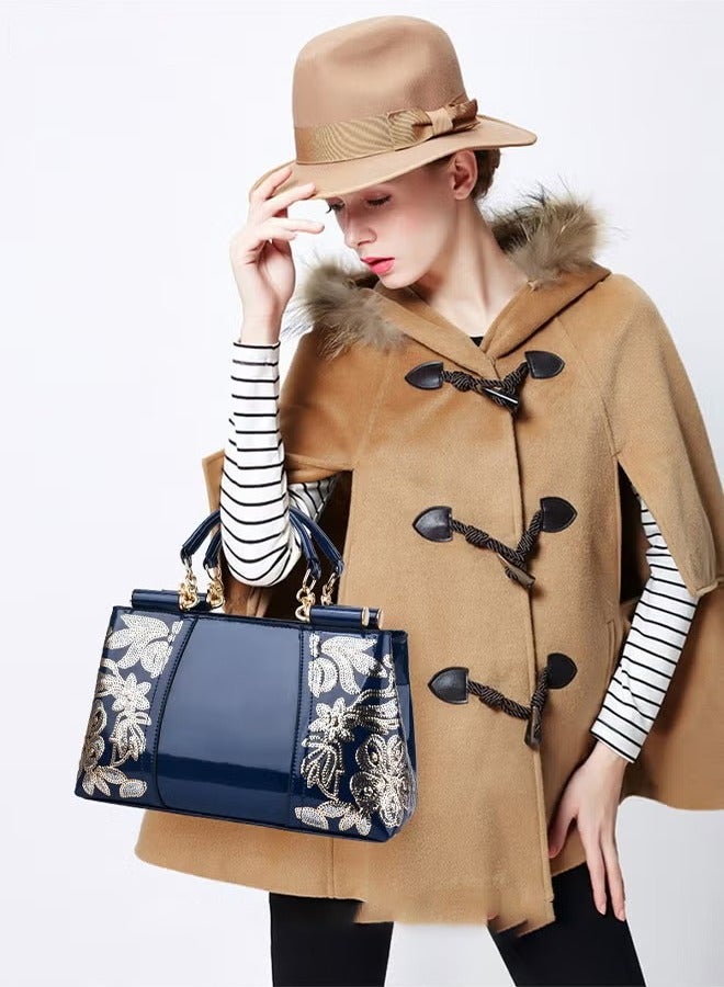 كان واي حقيبة يد أنيقة فاخرة من الجلد المتقدم فريدة من نوعها لامعة لحفلات الزفاف بسعة كبيرة بكتف واحد منحوتة حقيبة ساعي للنساء/الأم/الفتاة الصديقة هدية باللون الأزرق - Image 2