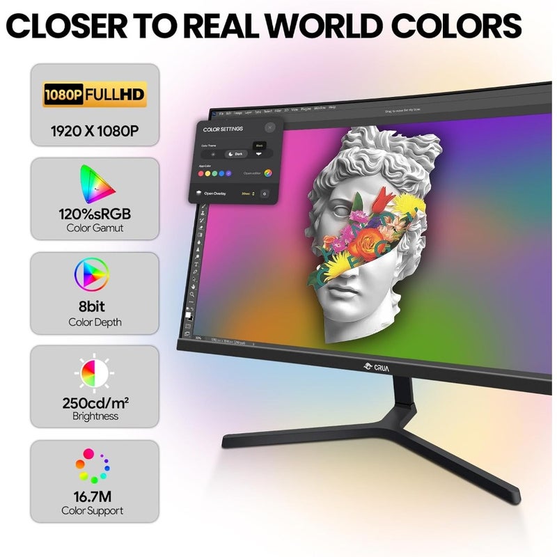 PC Monitor 100Hz FHD 1920x1080 Curved 2800R for gaming and office use, IPS panel, black, ultra-smooth motion clarity and wide viewing angles - Image 3