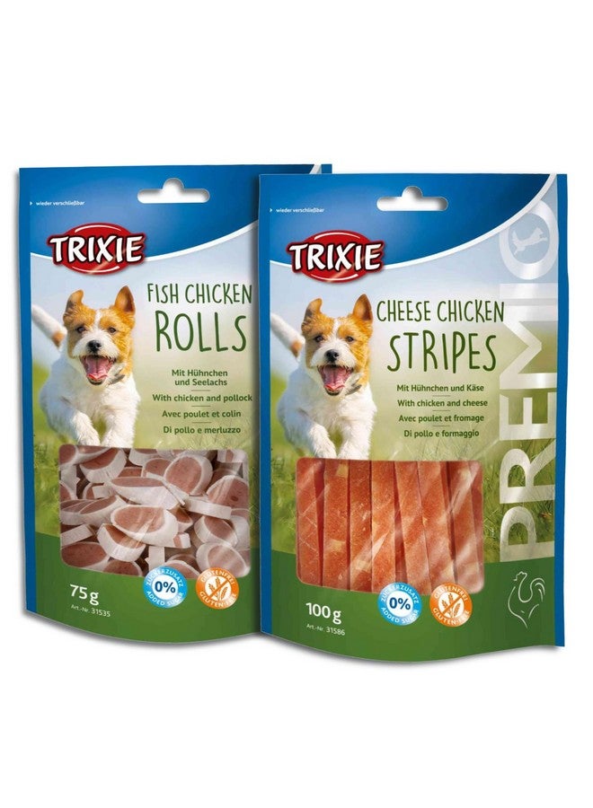 تريكسي مجموعة مكافآت الكلاب الفاخرة: شرائح الدجاج بالجبن، 100 جرام ولفائف الدجاج بالسمك، 75 جرام - وجبات خفيفة غنية بالبروتين وصحية وتدريبية لجميع سلالات الكلاب - Image 1