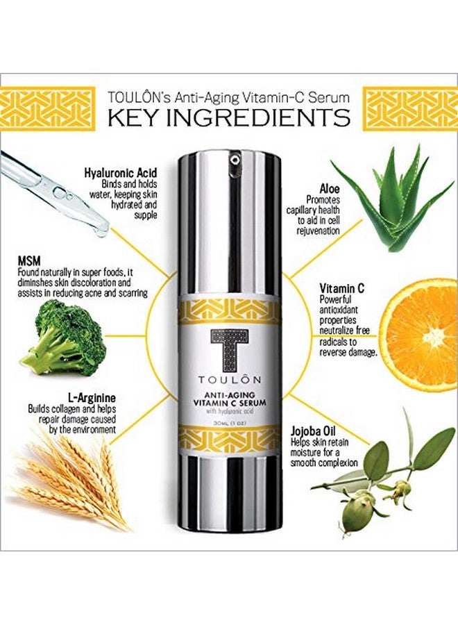 TOULON Vitamin C Serum With Hyaluronic Acid For Face; Potent Anti Aging Anti Wrinkle Facial Serum To Reduce Wrinkles; Natural & Organic For Men And Women - Image 2