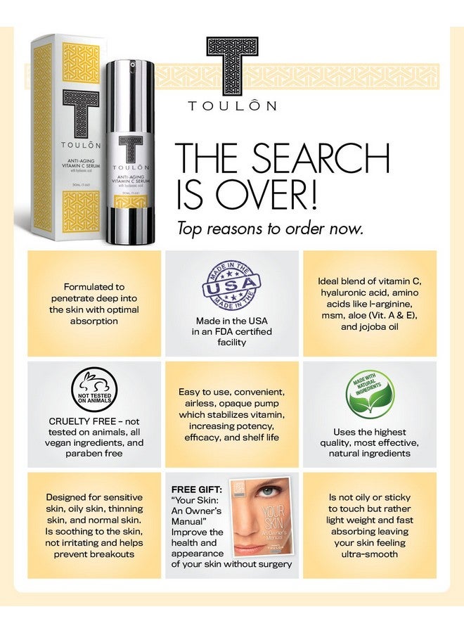 TOULON Vitamin C Serum With Hyaluronic Acid For Face; Potent Anti Aging Anti Wrinkle Facial Serum To Reduce Wrinkles; Natural & Organic For Men And Women - Image 5