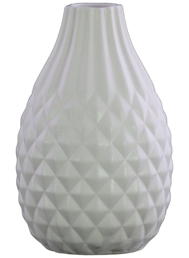 Urban Trends Stoneware Round Pear Shaped Parallel Lines Neck Engraved Diamond Design Body And Tapered Bottom Matte Finish White Vase - Image 2