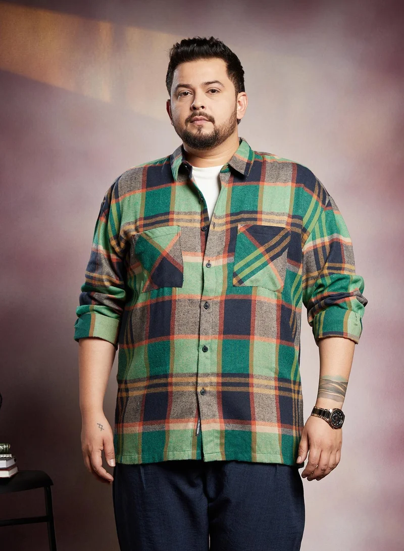 Instafab Plus Instafab Plus Men's Green & Blue Plaid-Check Utility Shacket For Casual Wear | Spread Collar | Long Sleeves | Button Closure | Plus Size Overshirt/Shacket Crafted With Comfort Fit For Everyday Wear