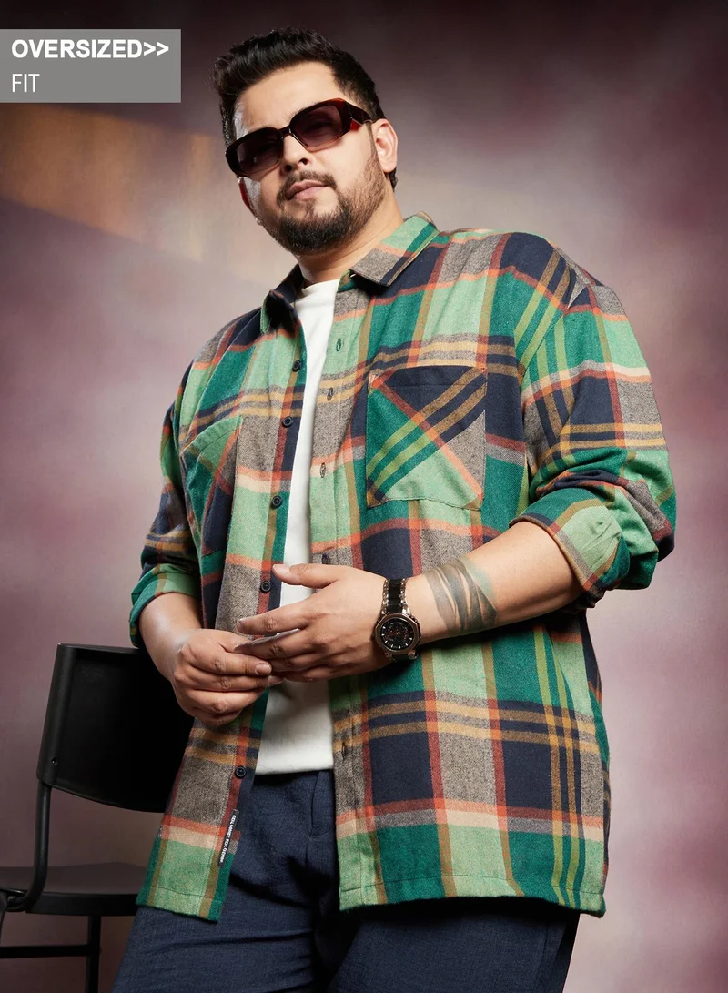 Instafab Plus Instafab Plus Men's Green & Blue Plaid-Check Utility Shacket For Casual Wear | Spread Collar | Long Sleeves | Button Closure | Plus Size Overshirt/Shacket Crafted With Comfort Fit For Everyday Wear