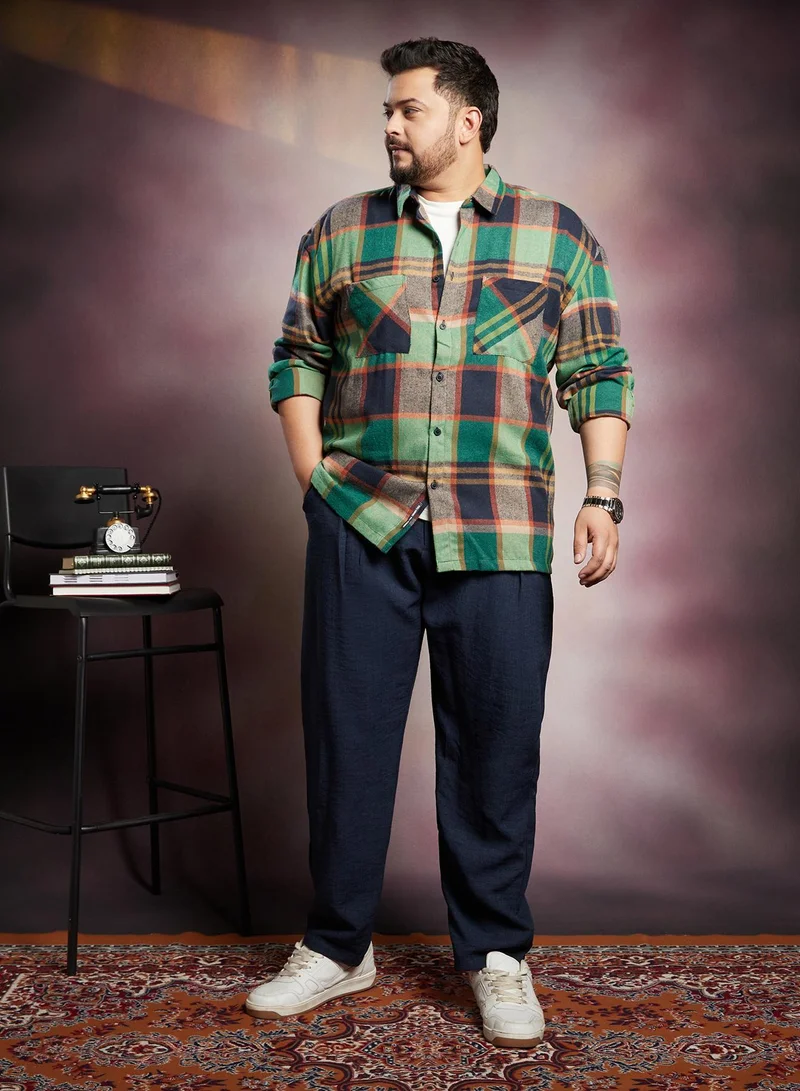 Instafab Plus  Men's Jungle Green & Navy Blue Plaid-Check Utility Shacket for Men | Best Price UAE