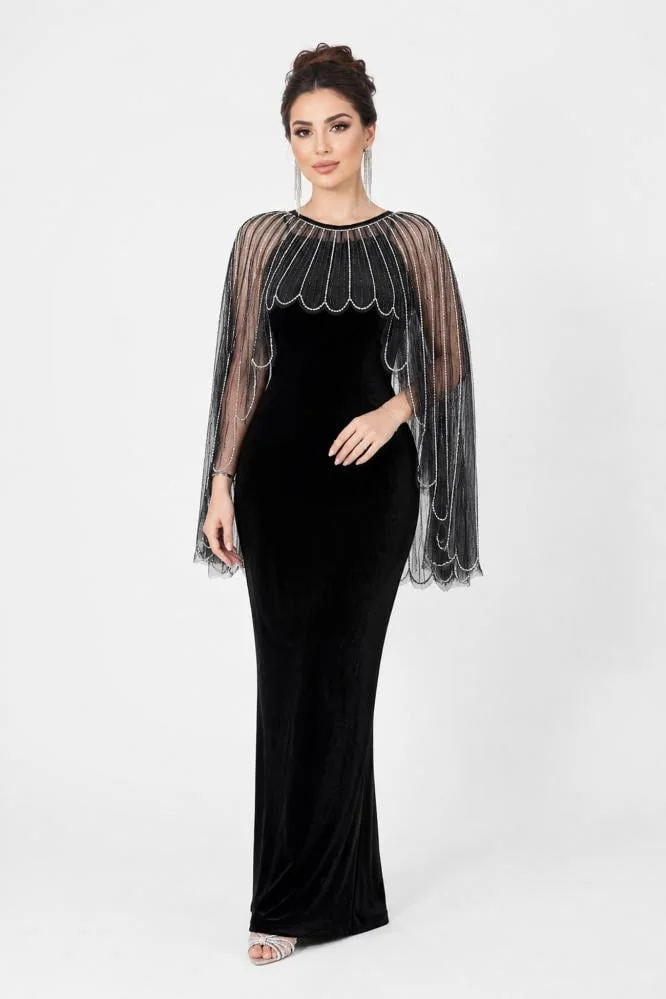 Opera Fashion Royal Black Velvet Evening Dress with Shiny Embroidery