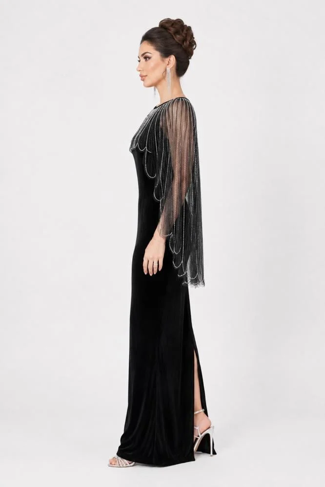 Opera Fashion Royal Black Velvet Evening Dress with Shiny Embroidery