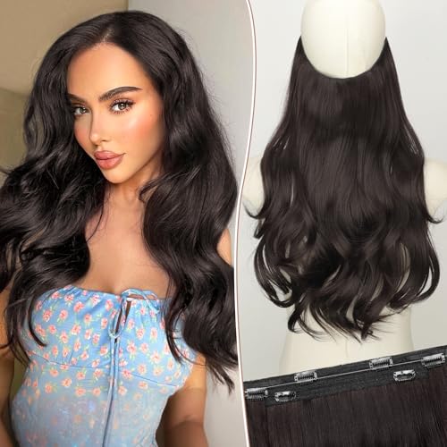 KooKaStyle Invisible Wire Hair Extensions Long Wavy Layered Synthetic Hair Extensions with Transparent Wire Adjustable Size 6 Secure Clips Dark Brown6 Hairpieces for Women 16 Inch - Image 1