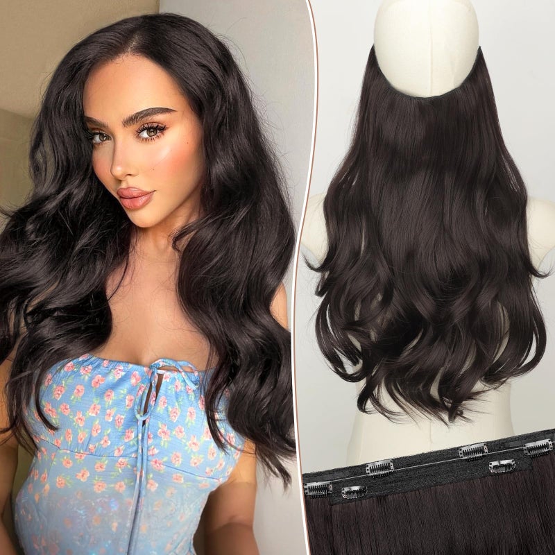 KooKaStyle Invisible Wire Hair Extensions Long Wavy Layered Synthetic Hair Extensions with Transparent Wire Adjustable Size 6 Secure Clips Dark Brown6 Hairpieces for Women 16 Inch - Image 2