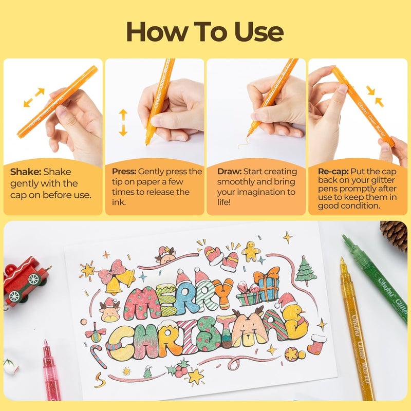 Ohuhu Glitter Markers - 12 Colors Fine Point Water-based Metallic Shimmer Pens for Kids and Adults - Image 4