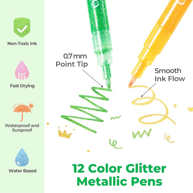 Ohuhu Glitter Markers - 12 Colors Fine Point Water-based Metallic Shimmer Pens for Kids and Adults - Image 3