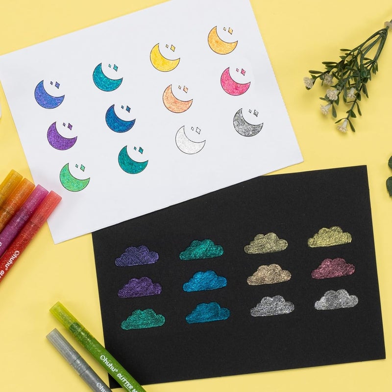 Ohuhu Glitter Markers - 12 Colors Fine Point Water-based Metallic Shimmer Pens for Kids and Adults - Image 2