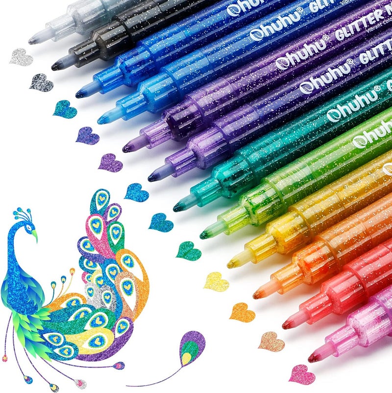 Ohuhu Glitter Markers - 12 Colors Fine Point Water-based Metallic Shimmer Pens for Kids and Adults - Image 1