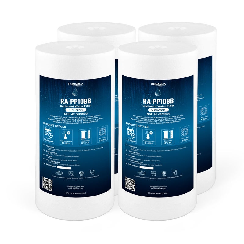Ronaqua 10" x 4.5" Big Sediment Replacement Water Filter Cartridge, 5 Micron, NSF Certified, for Whole House, Compatible with RFC-BBSA, W15-PR, WFHD13001B, GXWH35F, HF45-10BLBK10PR and AP817, 4 Pack - Image 1