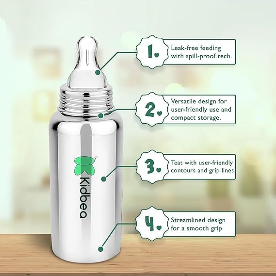 Kidbea زجاجة تغذية الأطفال من Kidbea® المصنوعة من الفولاذ المقاوم للصدأ، خالية من BPA، مضادة للمغص، خالية من البلاستيك، تدفق متوسط 250 ML، Argyle - Image 3