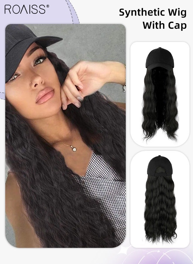 roaiss Long Wavy Baseball Cap Wig with Curly Hair Extension Synthetic Wig Hat for Women Adjustable Black Baseball Hat Wig, 55cm (22 inch) - Image 1