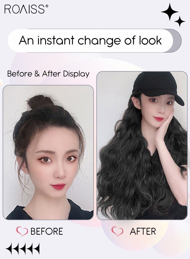 roaiss Long Wavy Baseball Cap Wig with Curly Hair Extension Synthetic Wig Hat for Women Adjustable Black Baseball Hat Wig, 55cm (22 inch) - Image 2