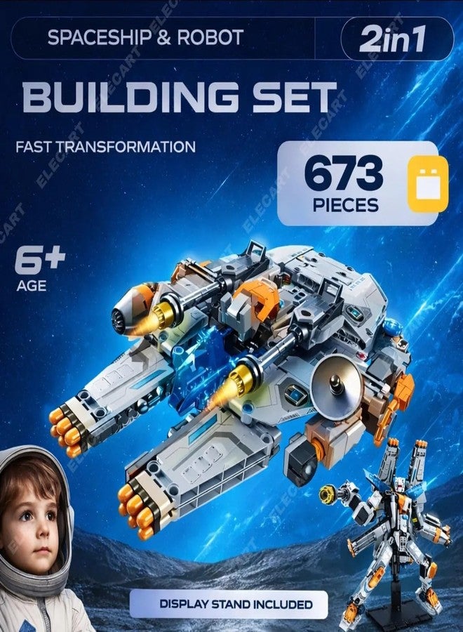 Elecart 2-in-1 Robot Spaceship Building Blocks Set – 673 PCS Transforming Robot to Spacecraft Construction Toy | STEM Creative Building Kit for Kids Boys Girls 6+ | Educational Gift Toy - Image 2