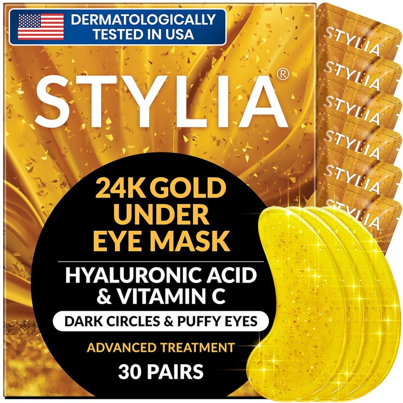 Stylia Under Eye Patches for Dark Circles and Puffy Eyes 30 Pairs 24k Gold Eye Mask for Dark Circles and Puffiness Vitamin C Hyaluronic Acid Pearl Extract Collagen Eye Gel Pads for Puffiness