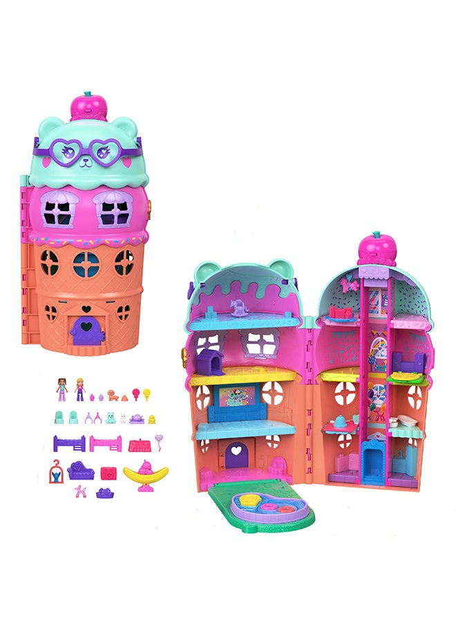 Polly Pocket دمى صغيرة ومجموعة منزل جيلاتو الكبيرة، موضوع دب الآيس كريم مع 25+ ملحقات بما في ذلك الأثاث والطعام والحيوانات الأليفة - Image 1