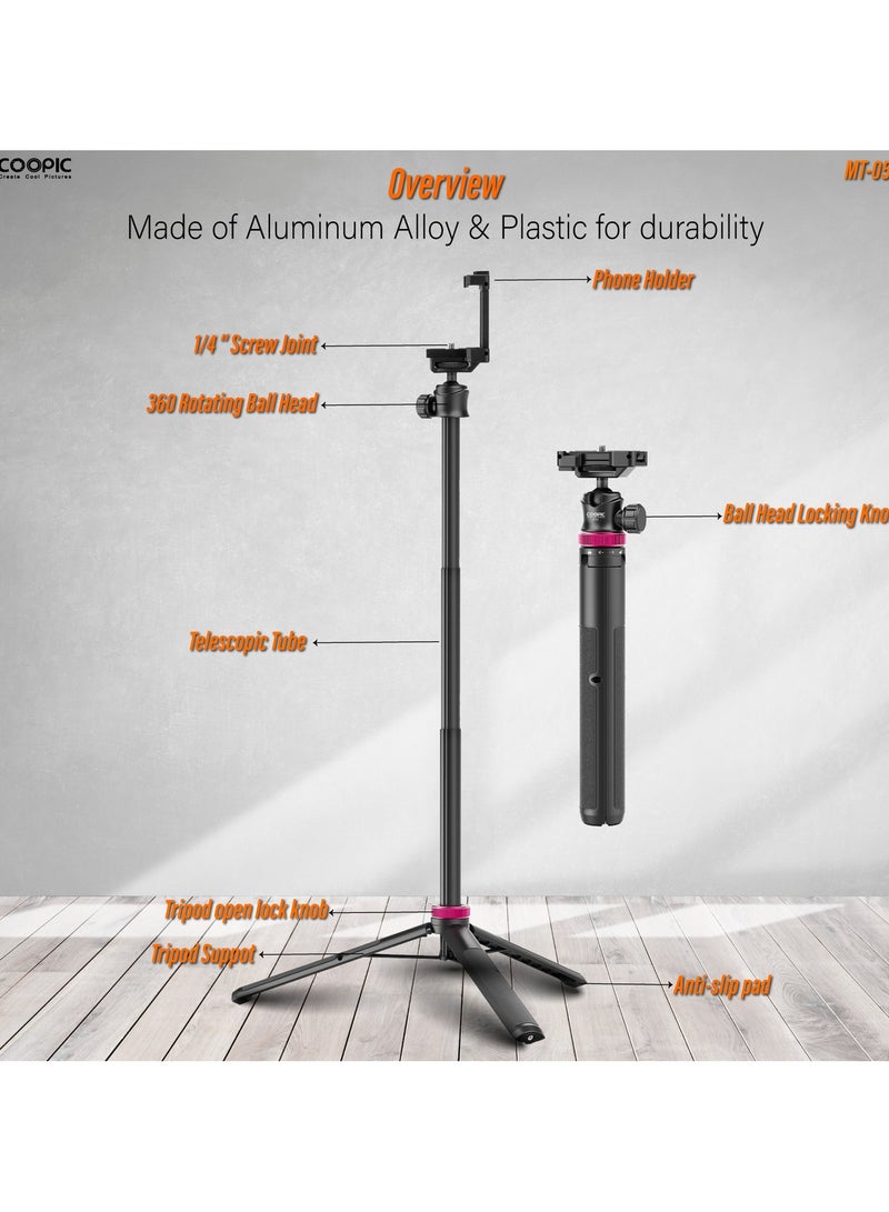 COOPIC MT-05 Extendable Mini Vlog Tripod Flexible Portable Selfie Stick with 360° Rotatable Ball Head and Remote, Compatible with Smartphone and Action Cameras - Image 5