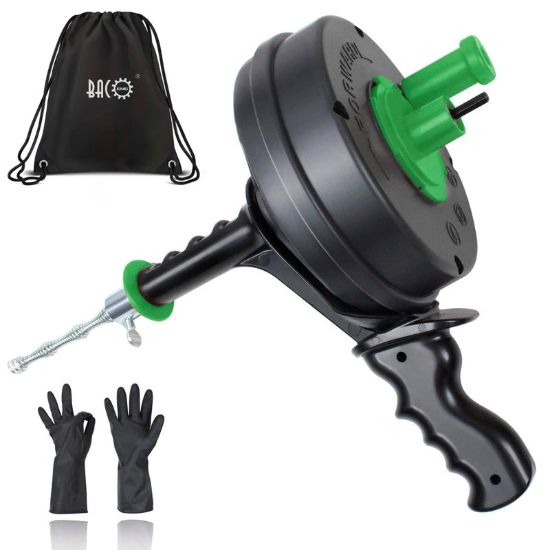 BACOENG 25Ft Drain Auger, Heavy Duty Plumbing Snake with Drill Adapter, Use Manually or Powered for Drain Clog, Shower Sink, Comes with Gloves and Bag (Green) - Image 1