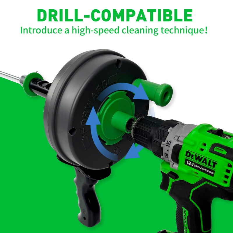 BACOENG 25Ft Drain Auger, Heavy Duty Plumbing Snake with Drill Adapter, Use Manually or Powered for Drain Clog, Shower Sink, Comes with Gloves and Bag (Green) - Image 4