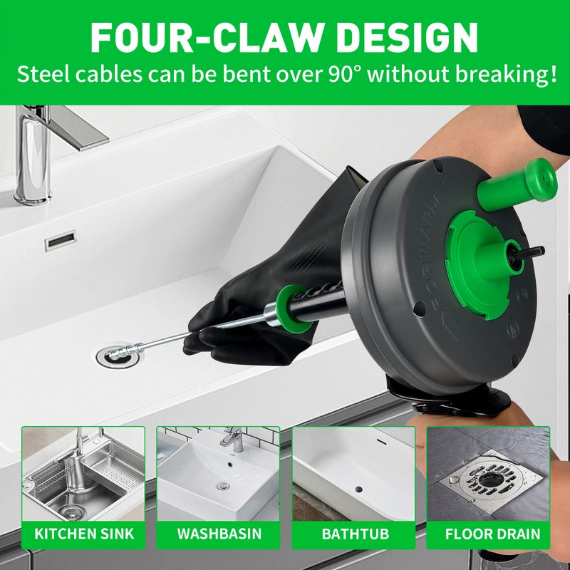 BACOENG 25Ft Drain Auger, Heavy Duty Plumbing Snake with Drill Adapter, Use Manually or Powered for Drain Clog, Shower Sink, Comes with Gloves and Bag (Green) - Image 3