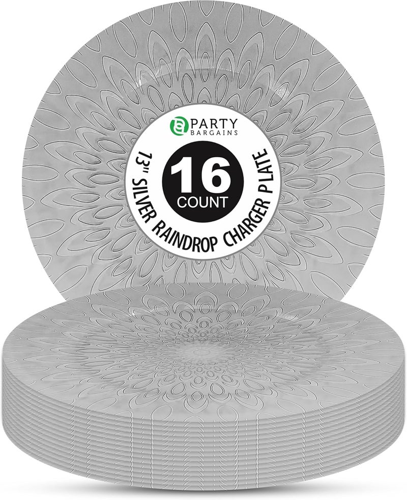 PARTY BARGAINS 13 Inch Plastic Charger Plates Raindrop Transparent Silver 16 Pack - Image 1