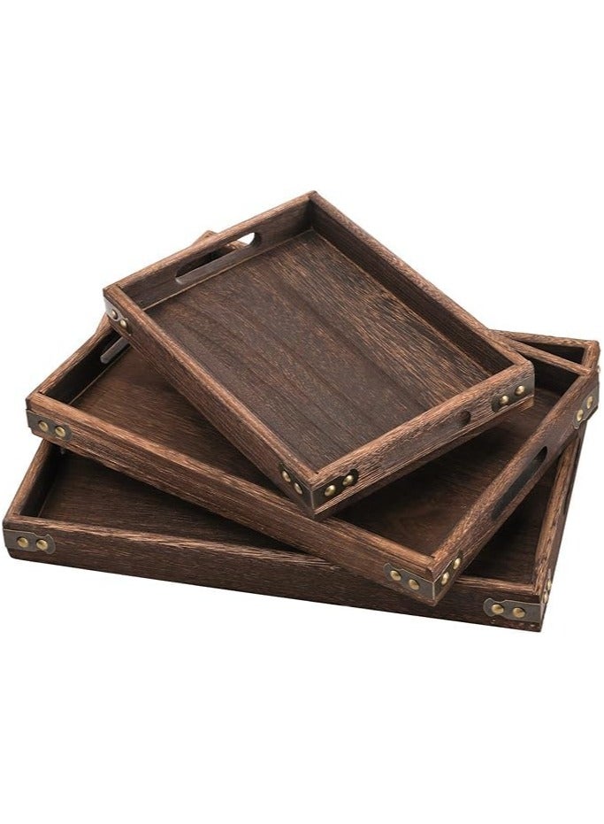 Beauenty Wooden Serving Trays, 3Pcs Wooden Tray with Handles, Rustic Vintage Food Serving Trays, Square Decorative Wooden Serving Trays for Breakfast, Coffee, Tea, Dining Room, Party, Table Centerpieces Decor - Image 1