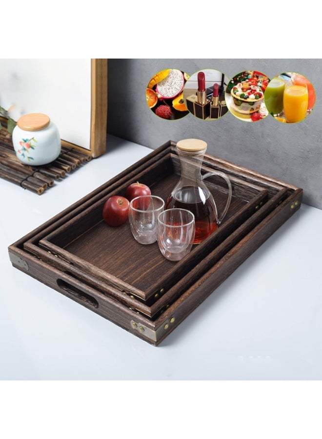 Beauenty Wooden Serving Trays, 3Pcs Wooden Tray with Handles, Rustic Vintage Food Serving Trays, Square Decorative Wooden Serving Trays for Breakfast, Coffee, Tea, Dining Room, Party, Table Centerpieces Decor - Image 3
