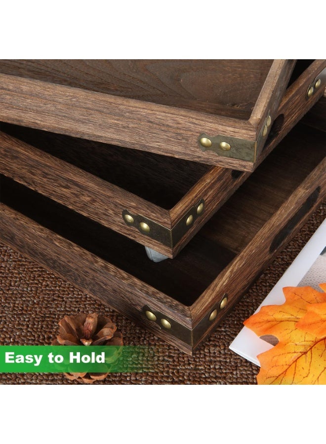 Beauenty Wooden Serving Trays, 3Pcs Wooden Tray with Handles, Rustic Vintage Food Serving Trays, Square Decorative Wooden Serving Trays for Breakfast, Coffee, Tea, Dining Room, Party, Table Centerpieces Decor - Image 2