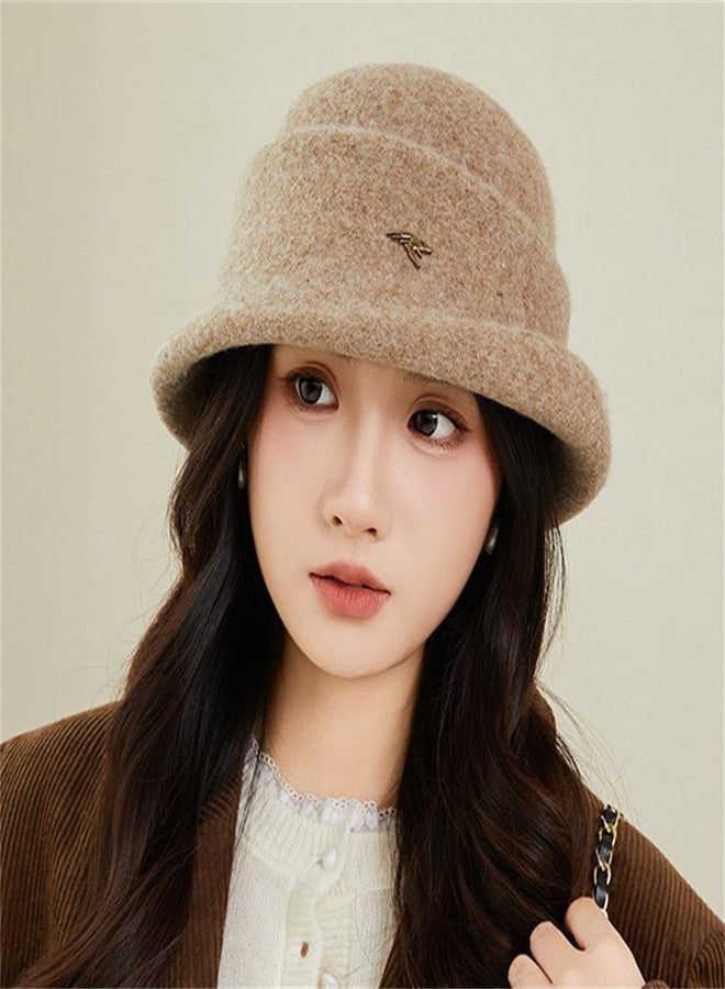 Pocadri Elegant Faux Wool Fedora Bucket Hats for Women Vintage Felt Cloche Bowler Cap Warm Outdoor Headwear Fall Winter, Mocha, One size - Image 2