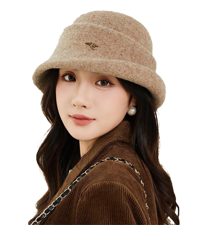 Pocadri Elegant Faux Wool Fedora Bucket Hats for Women Vintage Felt Cloche Bowler Cap Warm Outdoor Headwear Fall Winter, Mocha, One size - Image 1