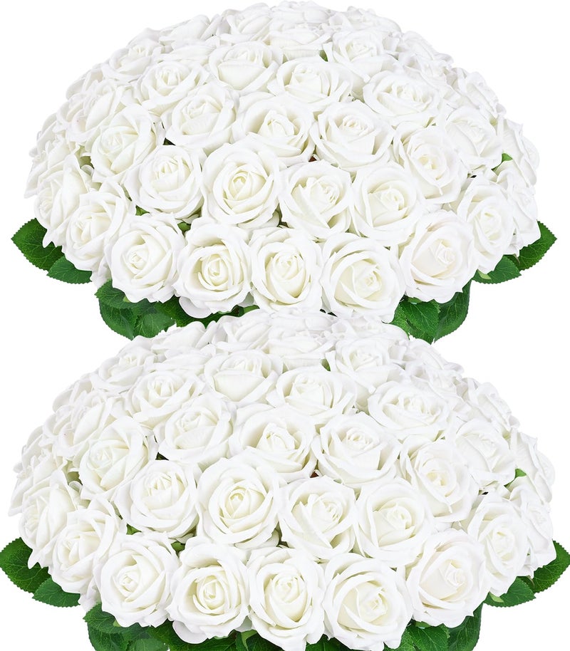 BLEUM CADE 50 Pcs White Roses Artificial Flowers  Real Touch Velvet Roses Fake Flowers Bulk  Artificial Roses Bouquet with Long Stems for Bridal DIY Wedding Party Centerpiece Decorations - Image 1