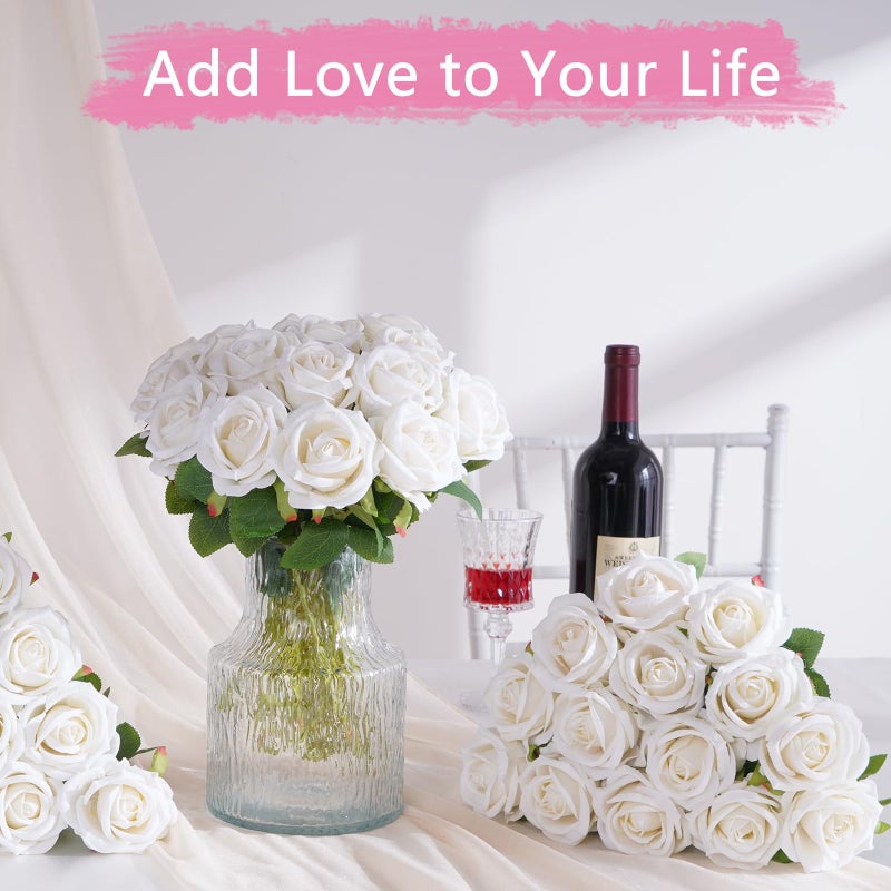 BLEUM CADE 50 Pcs White Roses Artificial Flowers  Real Touch Velvet Roses Fake Flowers Bulk  Artificial Roses Bouquet with Long Stems for Bridal DIY Wedding Party Centerpiece Decorations - Image 4