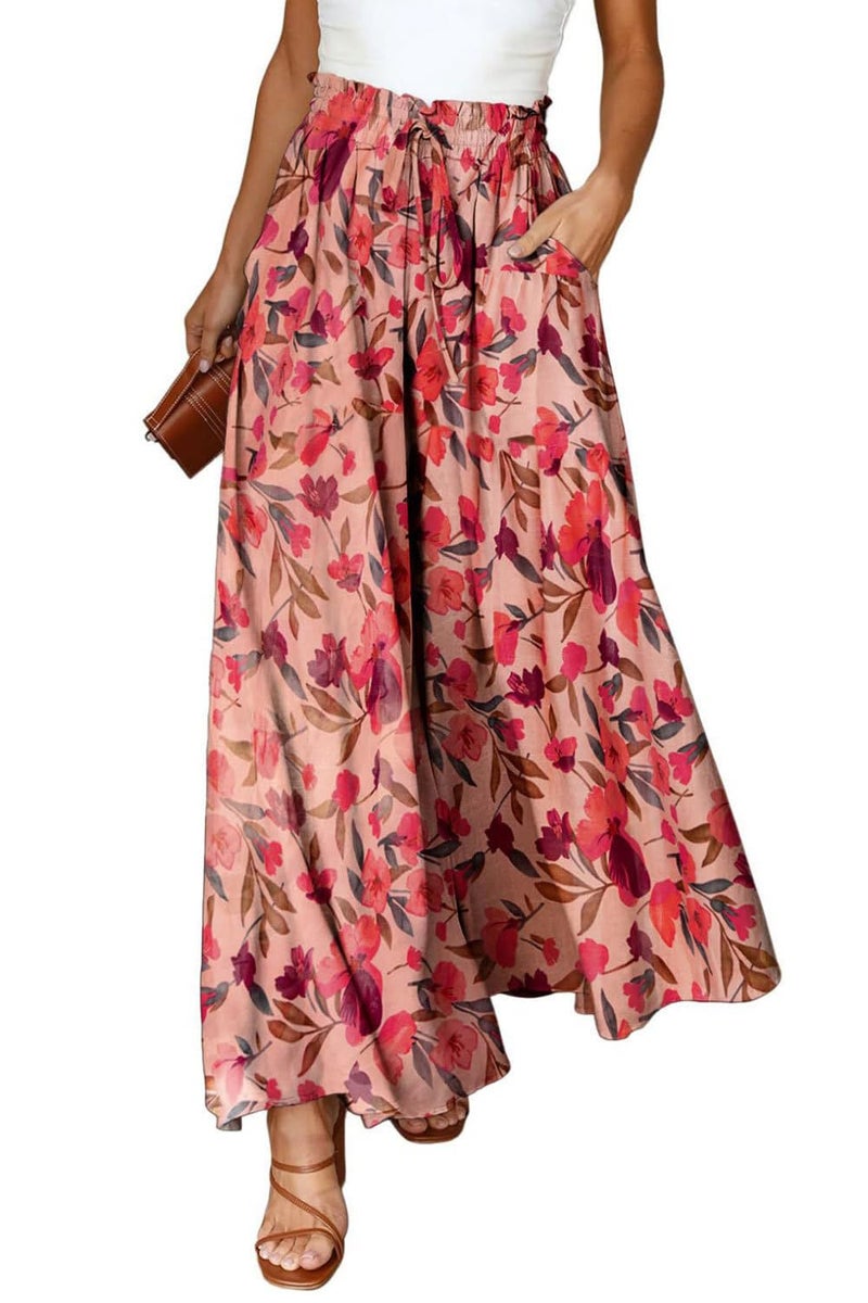 YOCUR Summer High Waisted Pants for Women Casual Baggy Beach Vacation Wide Leg Pants Printed Loose Flowy Palazzo Lounge Trousers Floral Red S - Image 1