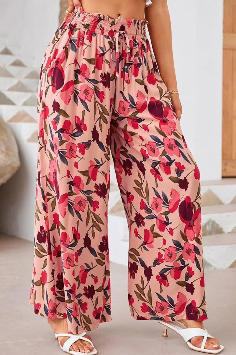 YOCUR Summer High Waisted Pants for Women Casual Baggy Beach Vacation Wide Leg Pants Printed Loose Flowy Palazzo Lounge Trousers Floral Red S - Image 3