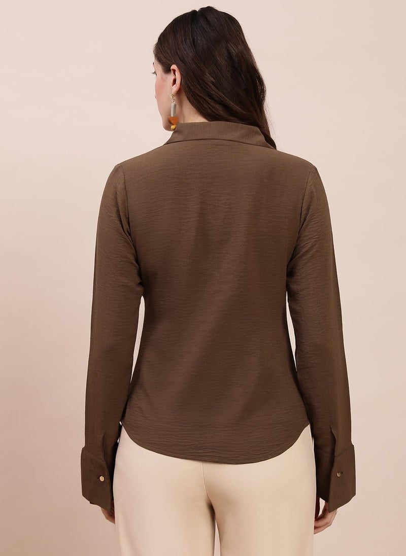 Globus Women Brown Collared Neck Cuffed Sleeves Self Design Tie-Up Detail Curved Hem Workwear Shirt - Image 4