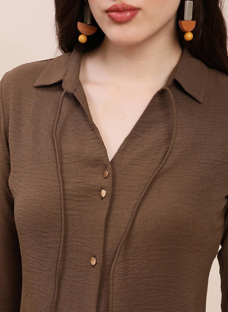 Globus Women Brown Collared Neck Cuffed Sleeves Self Design Tie-Up Detail Curved Hem Workwear Shirt - Image 5