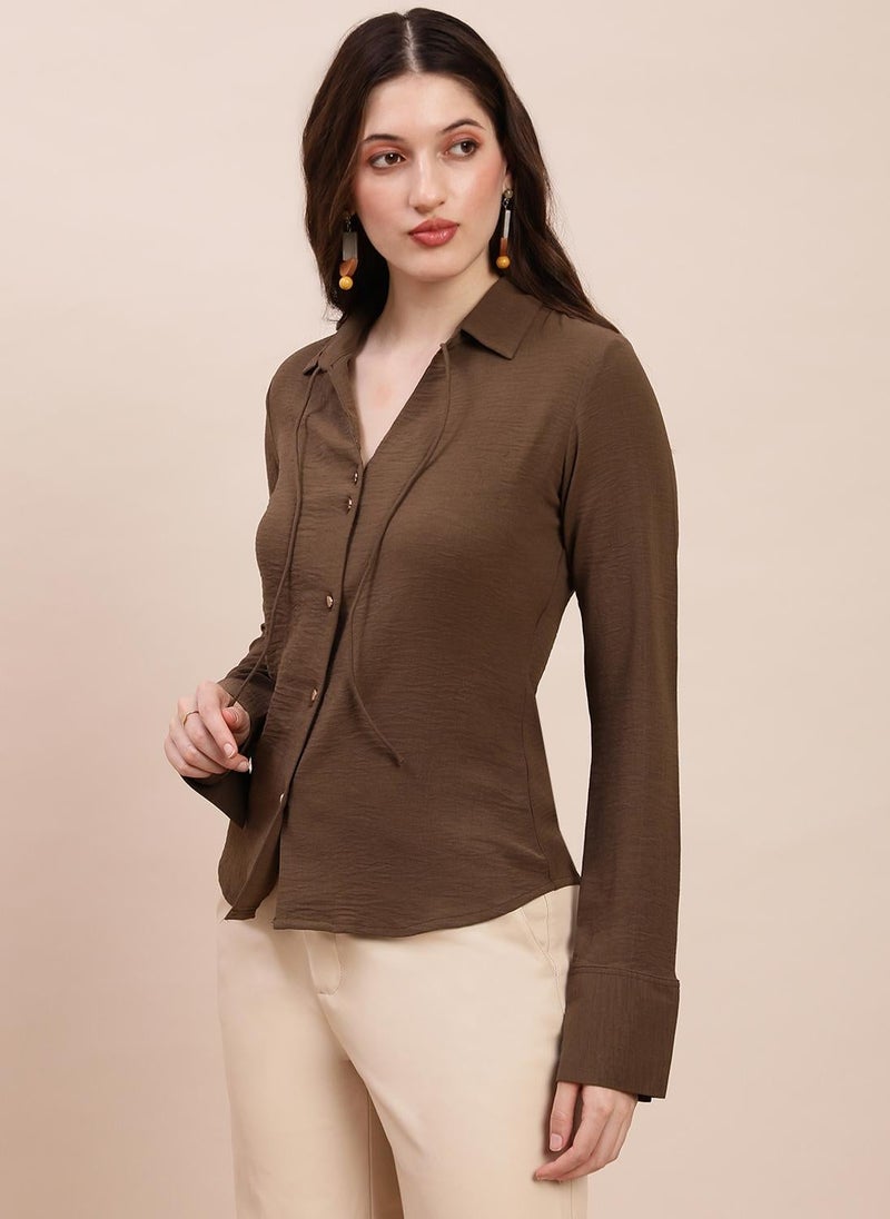 Globus Women Brown Collared Neck Cuffed Sleeves Self Design Tie-Up Detail Curved Hem Workwear Shirt - Image 1