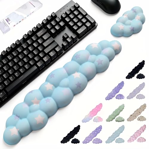 LJYZMD Cloud Wrist Rest Set for Keyboard and Mouse, Includes Cute Coaster, with Computers and Laptops (Blue Colorful Star Set) - Image 1