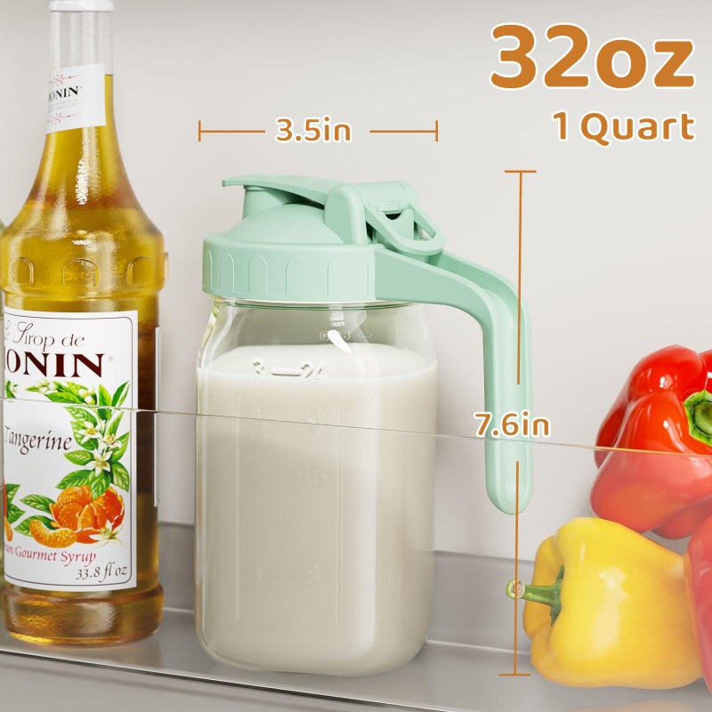 OneDream Breast Milk Pitcher, Mason Jar 32 oz, Heavy Duty Wide Mouth Jar with Green Flip Cap Lid and Pour Spout, Airtight Seal for Freshness and Convenience, Great for Cold Beverages and Home Entertaining - Image 2