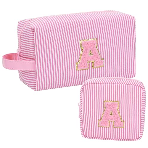 MONSTINA Easter Basket Gifts for Teens,Initial Makeup Bag,Monogram Pouch Personalized Cosmetic Bag for Girls&Women,Cute Letter Make Up Bag, Pink A - Image 1