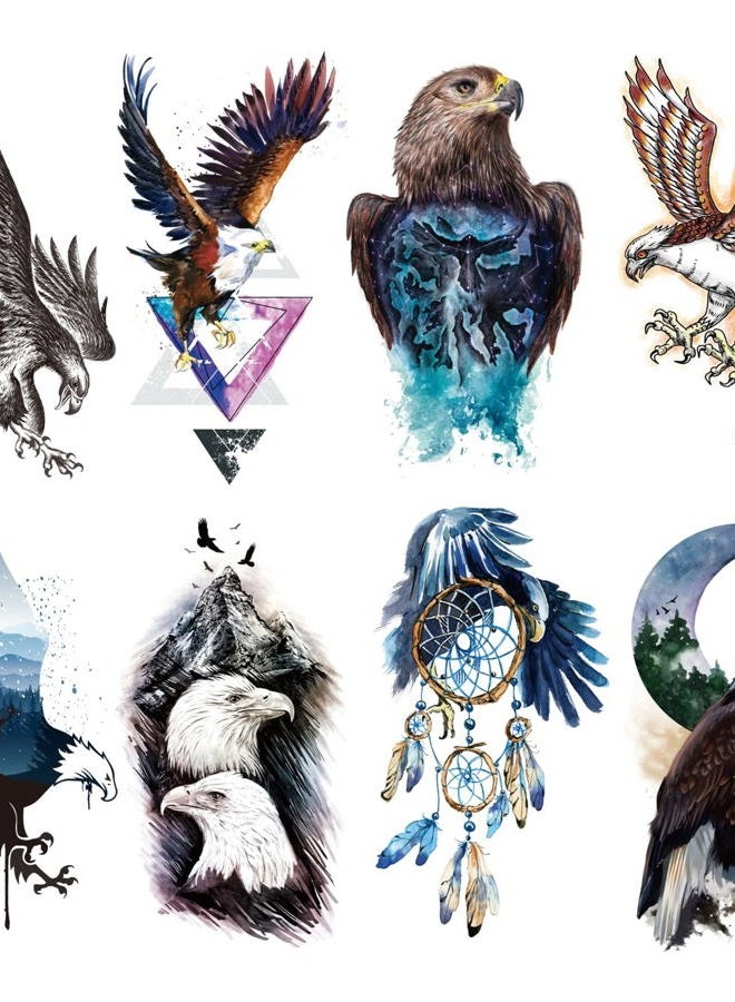 Oottati 8 أوراق ملصقات وشم مؤقت مقاومة للماء، نسر صقر مصيدة أحلام جبل قمر - Image 1