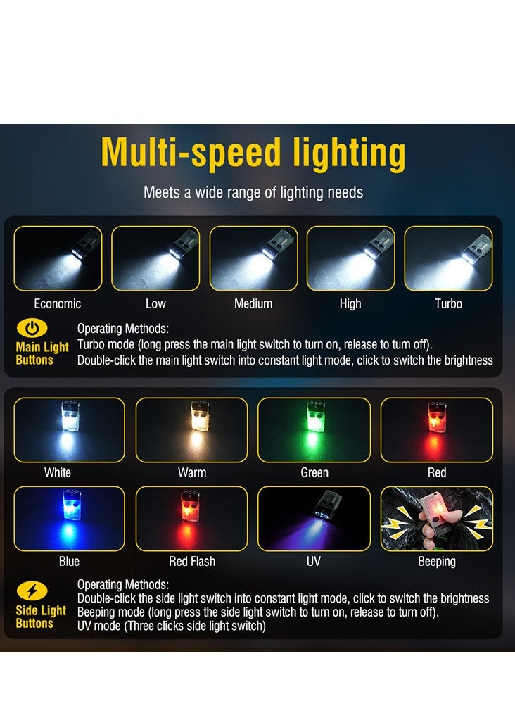 Small Powerful Flashlight 1000LM with Red Blue Warm Light, 180° Head Swivels 110dB Buzzer - Mini Keychain Pocket Rechargeable LED Flashlights USB EDC Clip Flash Light