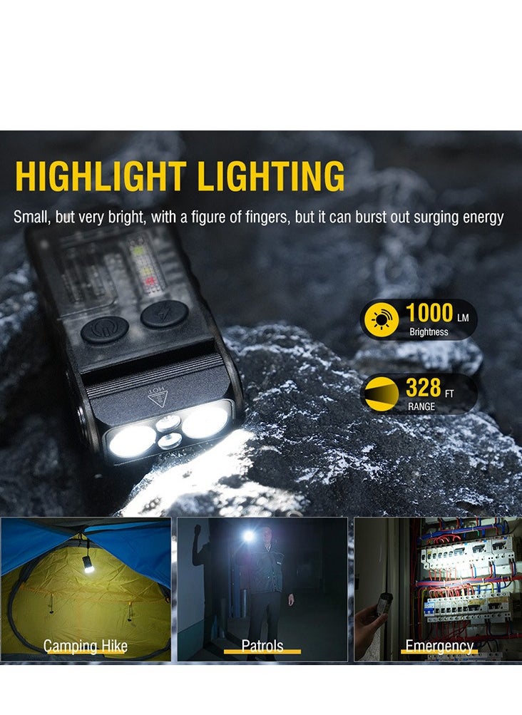 Small Powerful Flashlight 1000LM with Red Blue Warm Light, 180° Head Swivels 110dB Buzzer - Mini Keychain Pocket Rechargeable LED Flashlights USB EDC Clip Flash Light