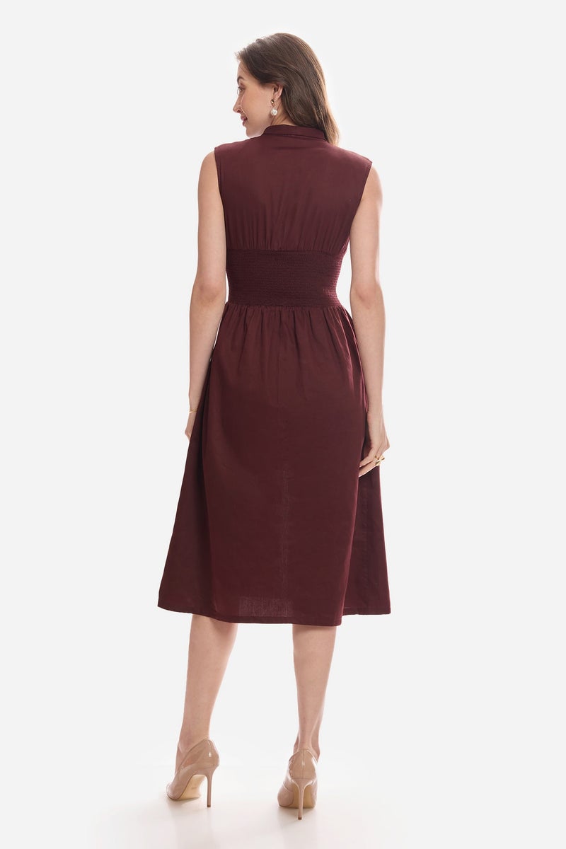 Virgio Solid Cotton Waist Smocked Midi Dress for Women - Image 4