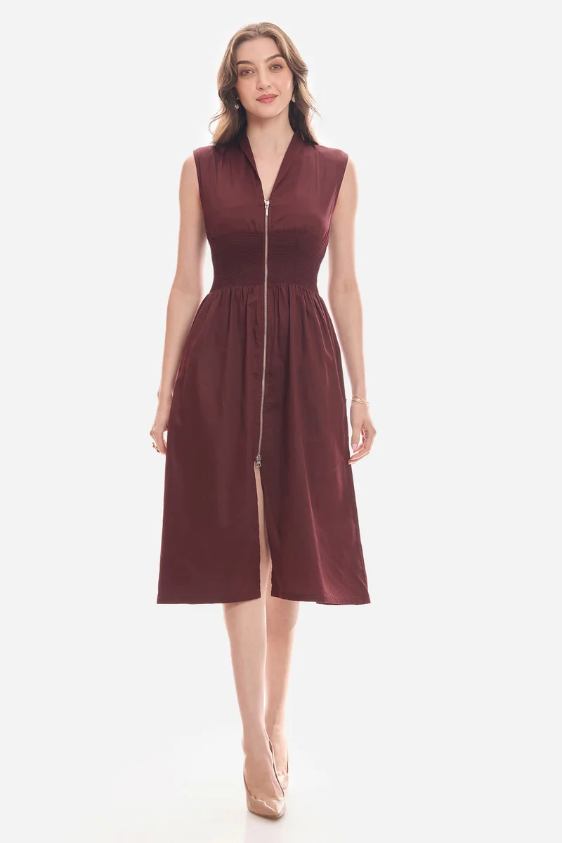 Virgio Solid Cotton Waist Smocked Midi Dress for Women