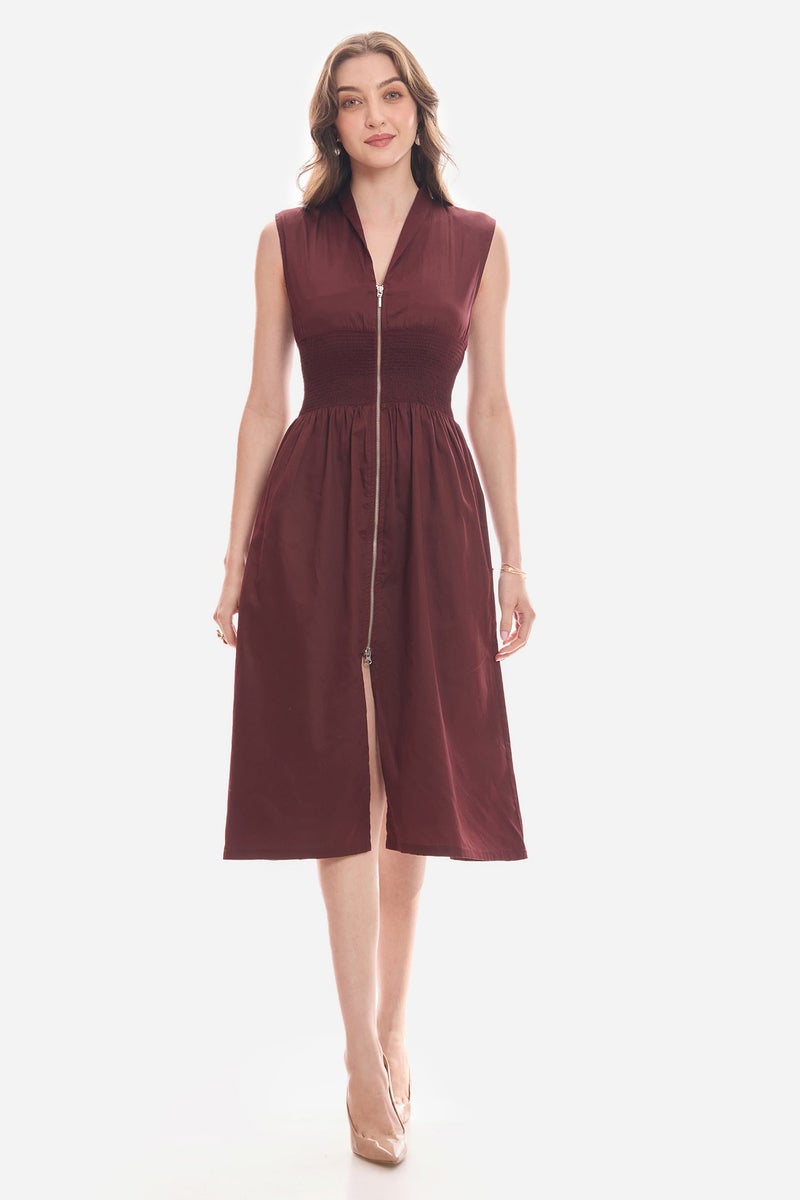 Virgio Solid Cotton Waist Smocked Midi Dress for Women - Image 2
